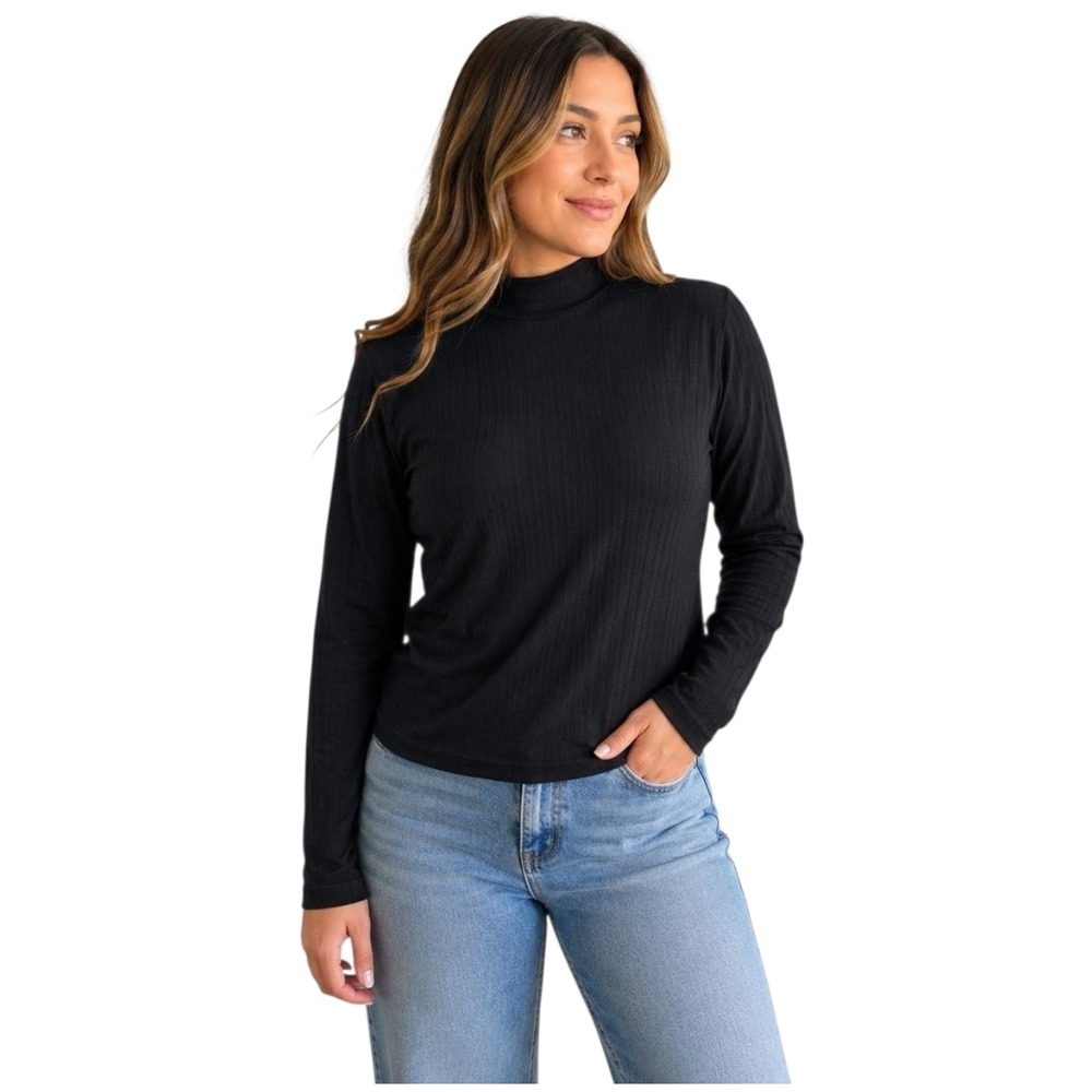 Vintage Prince & Fox Women's Ribbed Long Sleeve Top Sz Large Mock Neck Black NWT